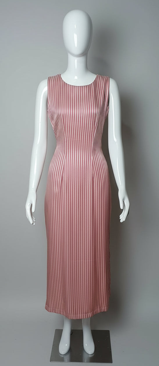 #080 Pink and White Vertical Stripe Maxi Dress for Women
