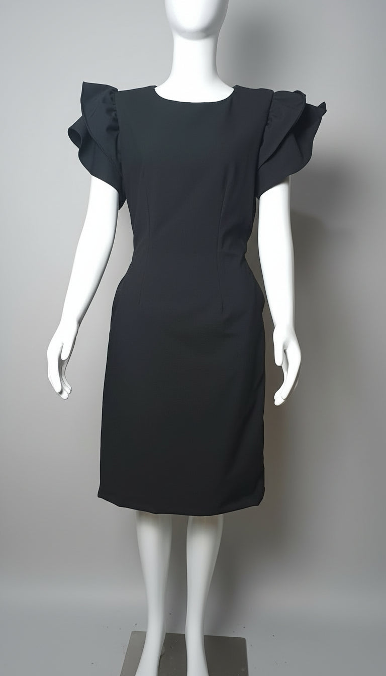 #082 Black Ruffle-Sleeve Sheath Dress for Women