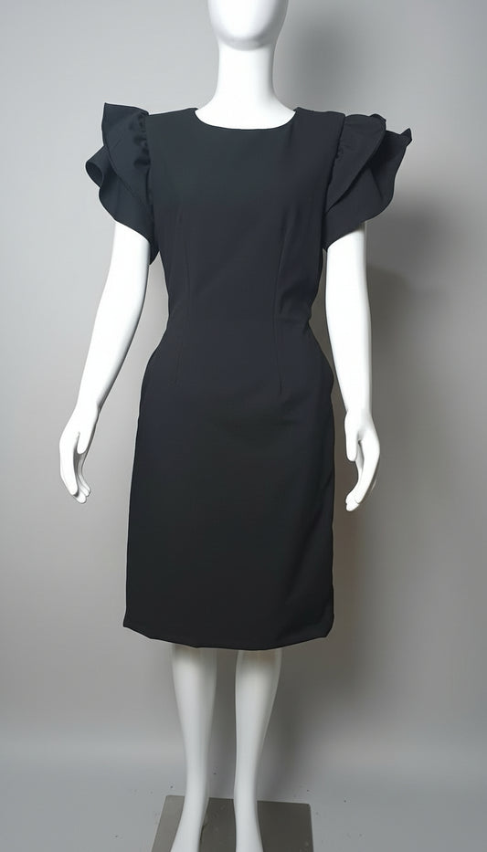 #082 Black Ruffle-Sleeve Sheath Dress for Women