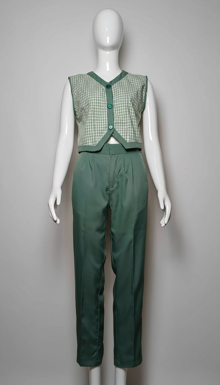 #086 Green Two-Piece Sleeveless Set for Women