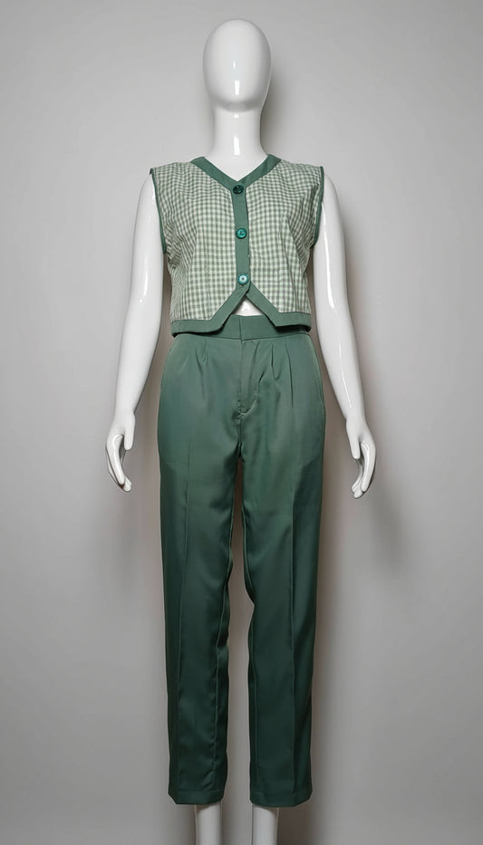 #086 Green Two-Piece Sleeveless Set for Women