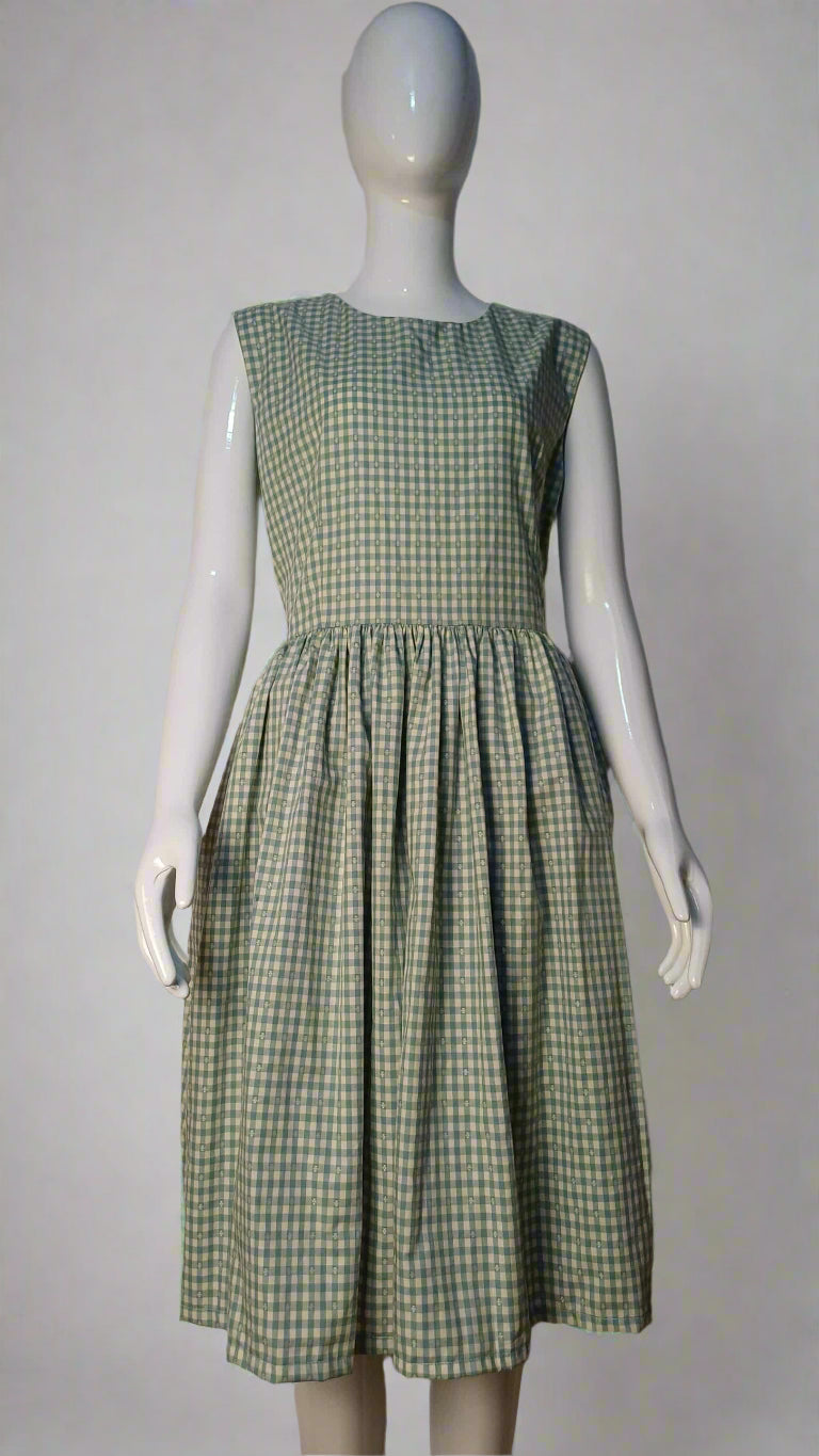 #076 Green Gingham Sleeveless Midi Summer Dress for Women