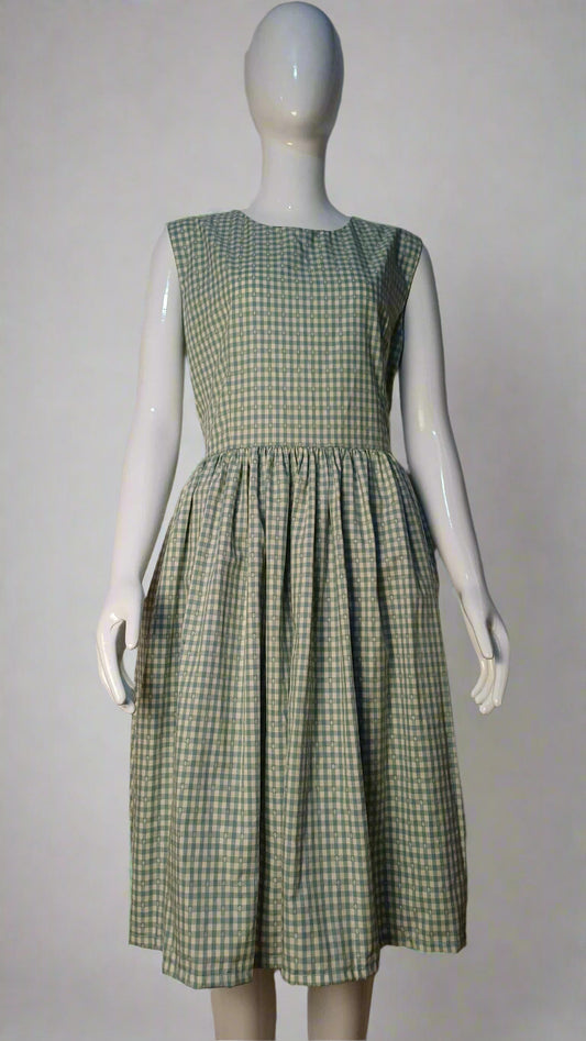 #076 Green Gingham Sleeveless Midi Summer Dress for Women