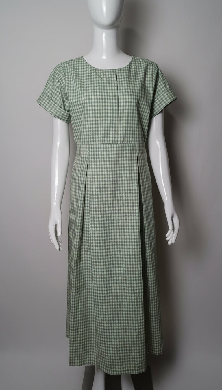 #079 Green Gingham Maxi Dress for Women