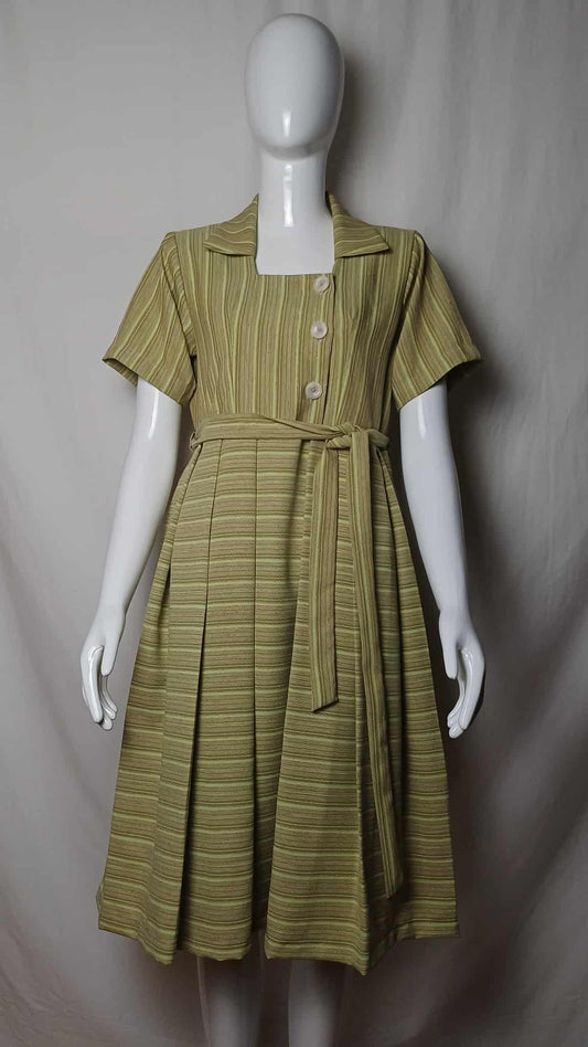 Green & Yellow Patterned Midi Vintage Dress for Women