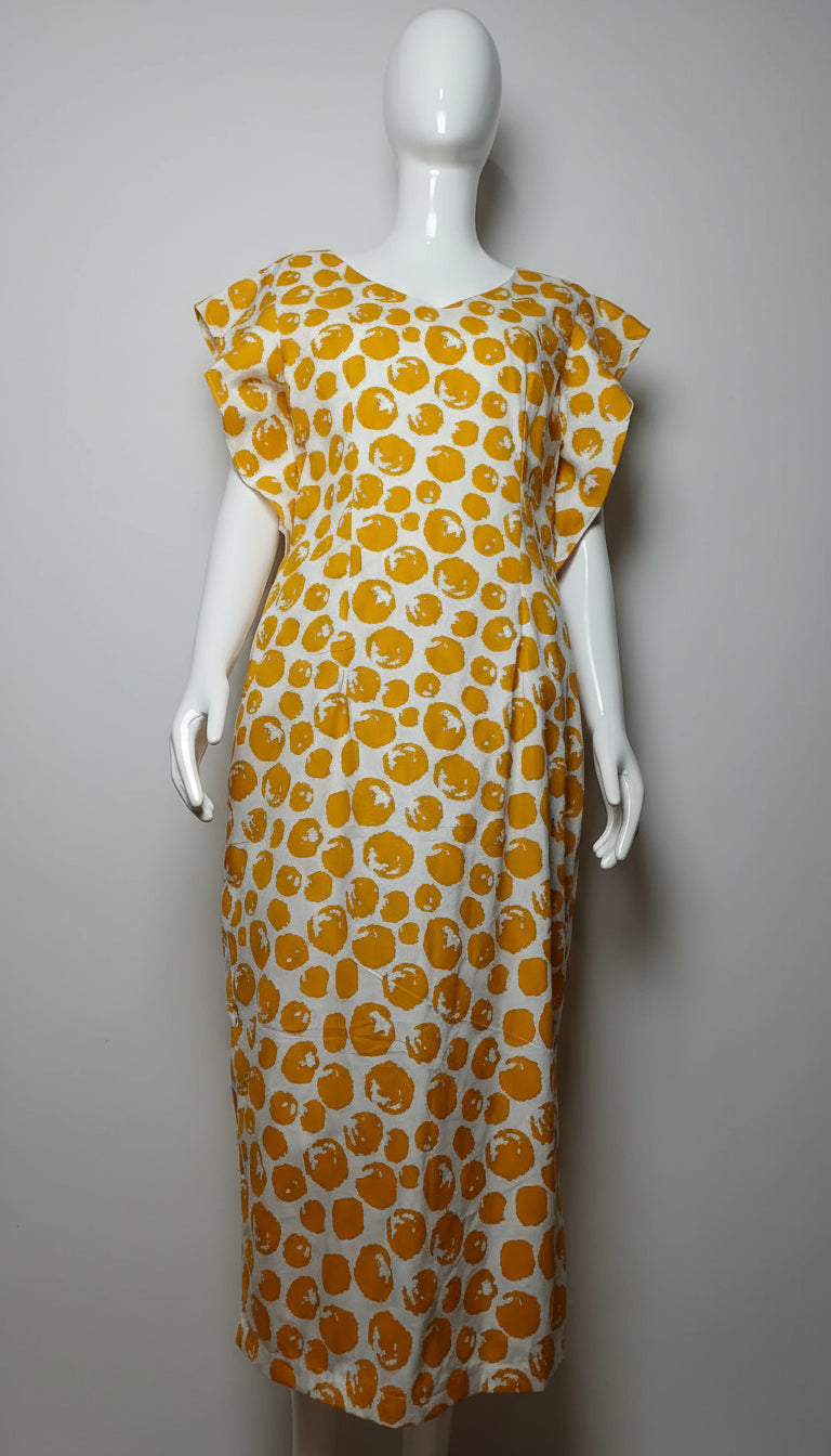 #074 Yellow Patterned Summer Midi Dress for Women